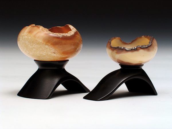 I was commisssioned to make these reproduction stands for this pair of miniature fossilized walrus ivory bowls made in 1983 by William Hunter